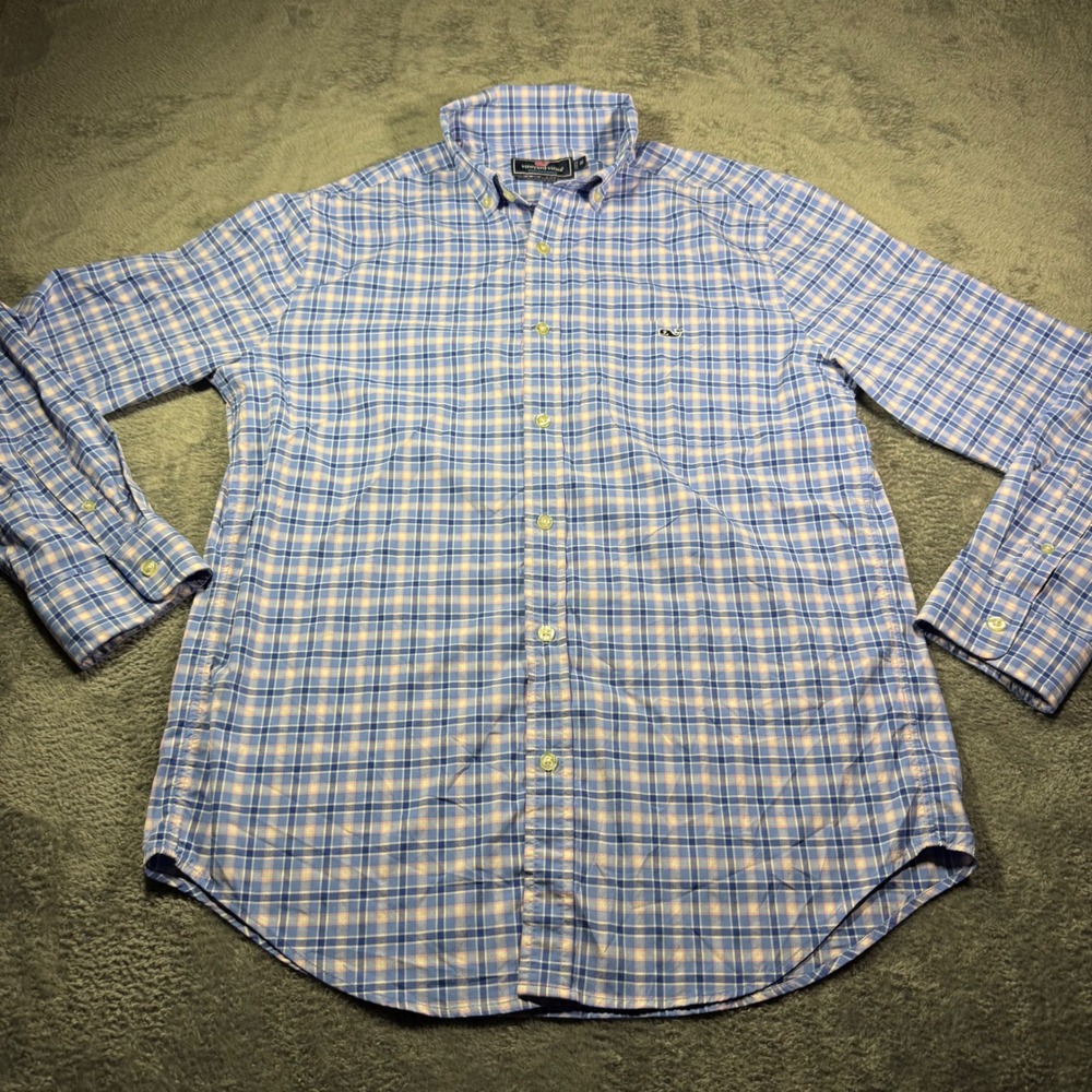 Vineyard Vines Performance Tucker Shirt Mens Medium Blue Pink Plaid Classic Fit